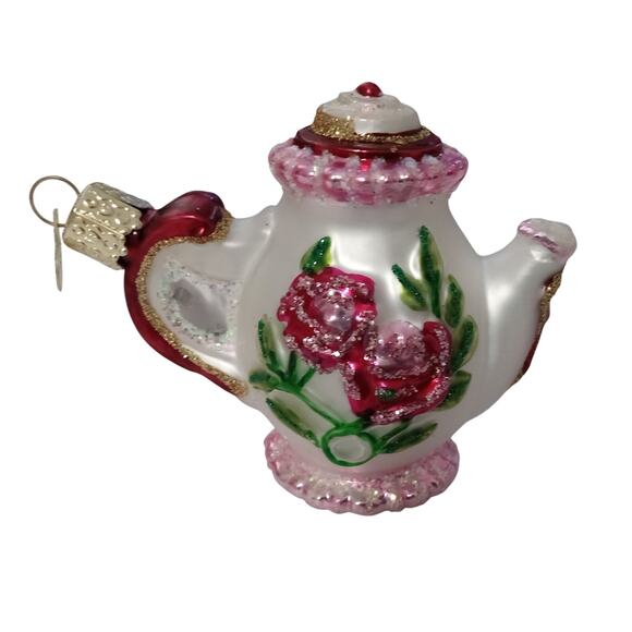 Old World Christmas Glass Ornament Pink White Teapot Rose Glitter - Picture 2 of 5